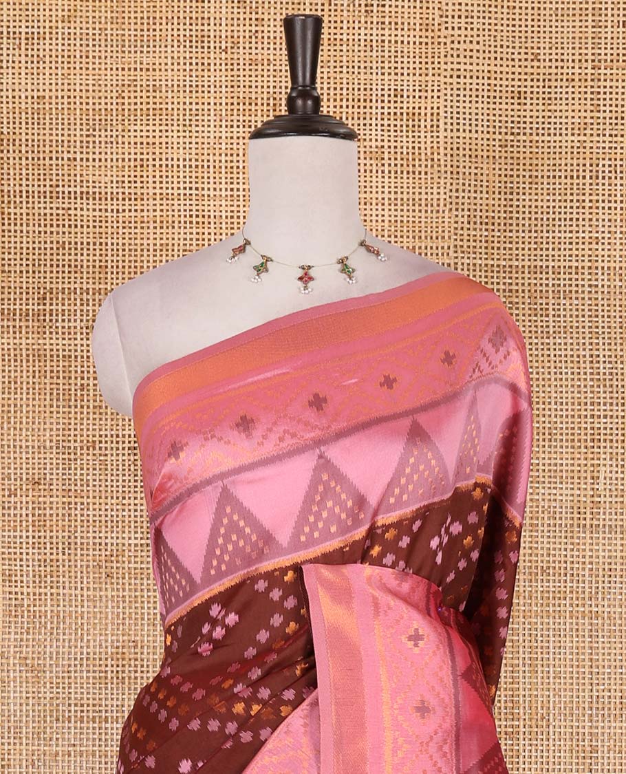 Maroon ikkat style zari and thread buttas elite soft silk saree, contrast ikkat design border, geometric patterned pallu, and a contrast blouse - Image 3