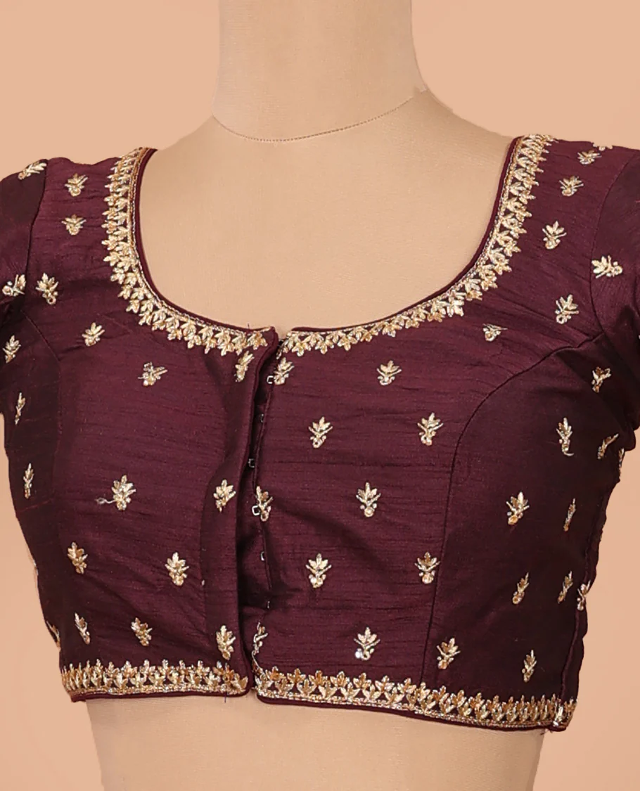 Maroon intricate motifs thread embroidered front-back round neck elbow sleeve blouse - Image 2