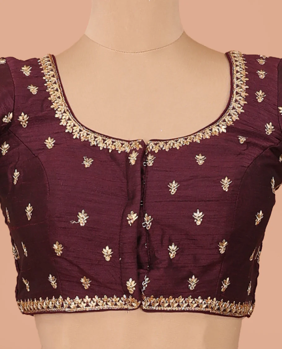 Maroon intricate motifs thread embroidered front-back round neck elbow sleeve blouse - Image 3