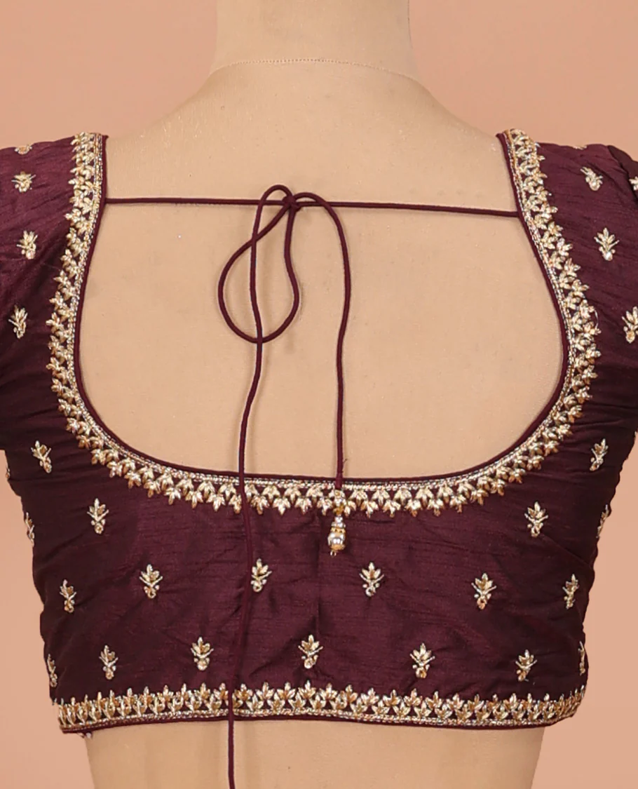 Maroon intricate motifs thread embroidered front-back round neck elbow sleeve blouse - Image 4
