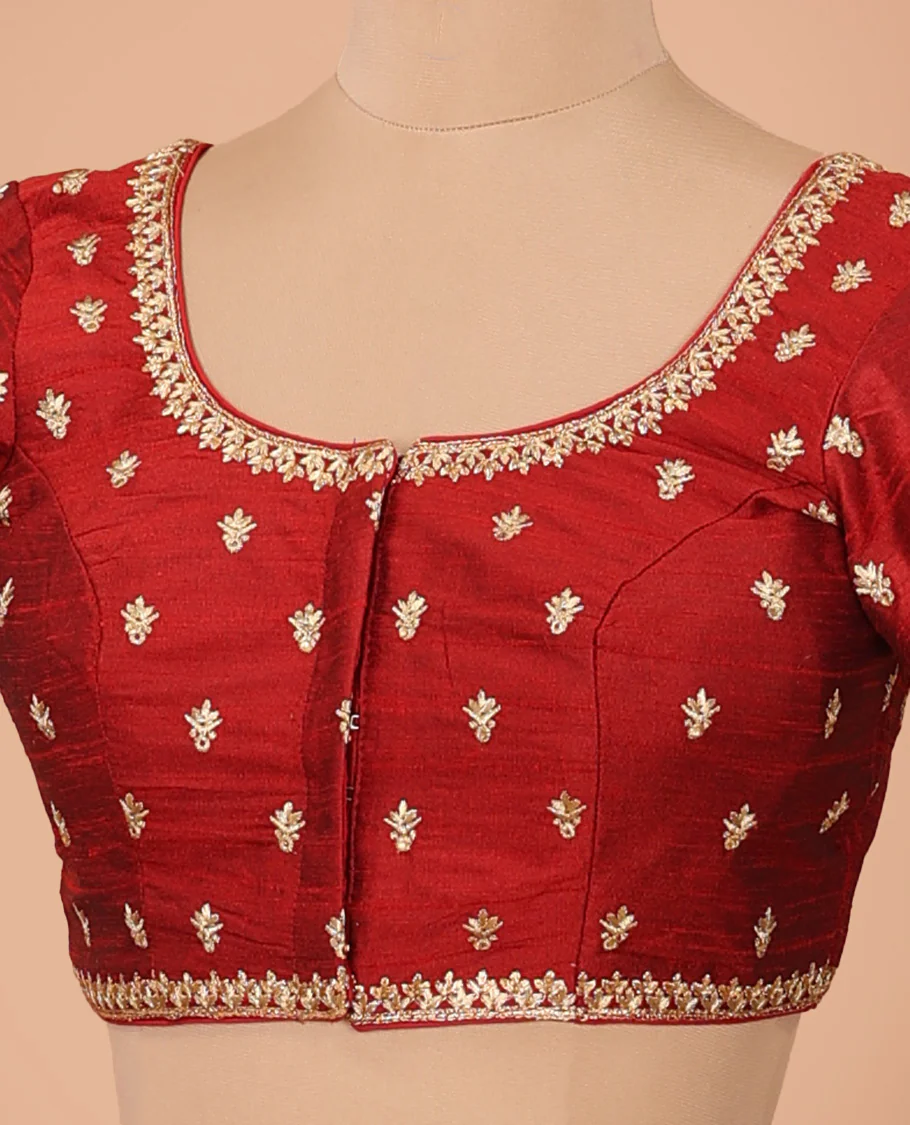 Maroon intricately thread embroidered front-back round neck elbow sleeve blouse - Image 2