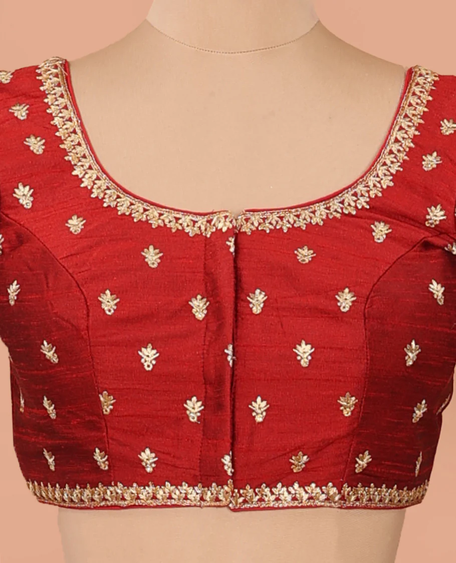Maroon intricately thread embroidered front-back round neck elbow sleeve blouse - Image 3