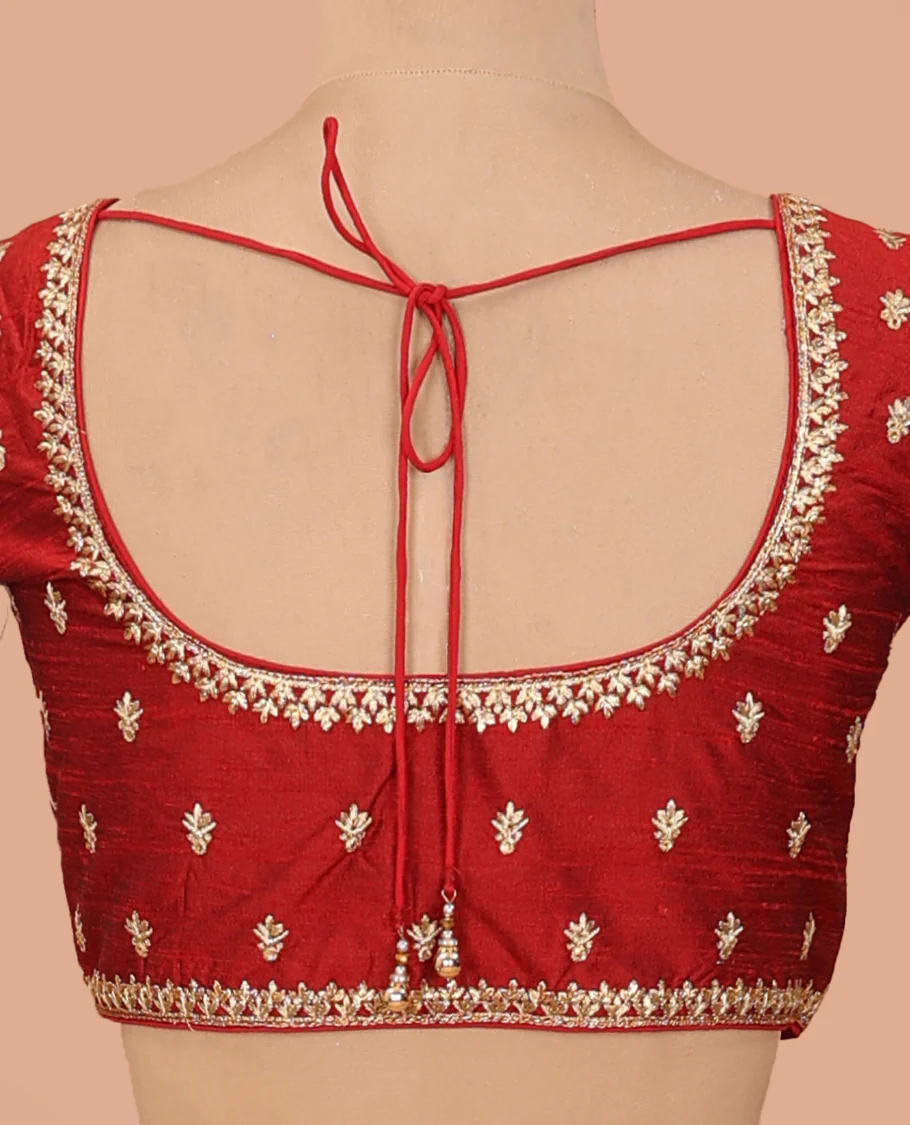 Maroon intricately thread embroidered front-back round neck elbow sleeve blouse - Image 4