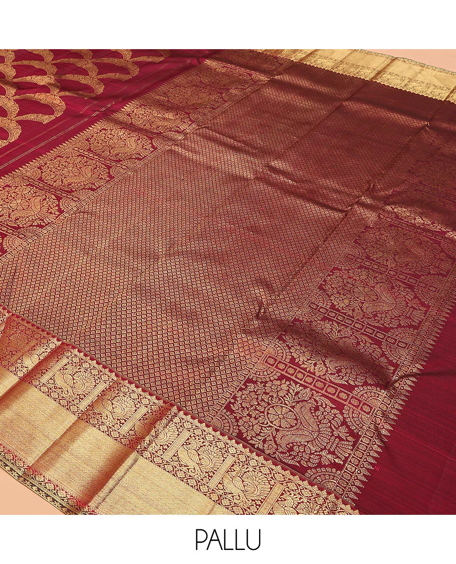 Maroon jacquard kanchipuram silk saree, zari border of thilakam, kodi visiry, and mayil designs, and jaal pallu - Image 5