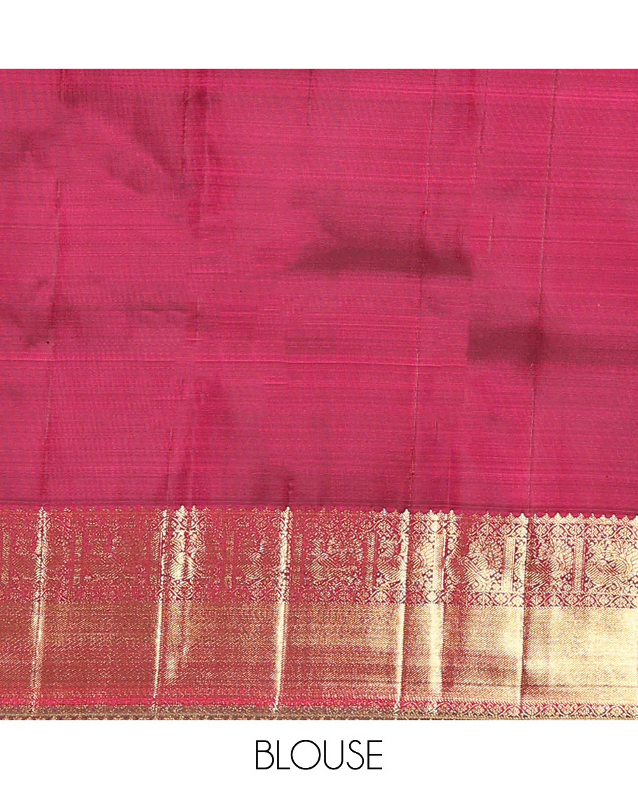 Maroon jacquard kanchipuram silk saree, zari border of thilakam, kodi visiry, and mayil designs, and jaal pallu - Image 6