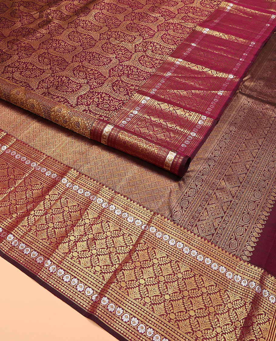 Maroon jacquard kanchipuram silk saree, zari border of thilakam mokku, kodi visiry, and jaal designs, and jaal pallu - Image 2