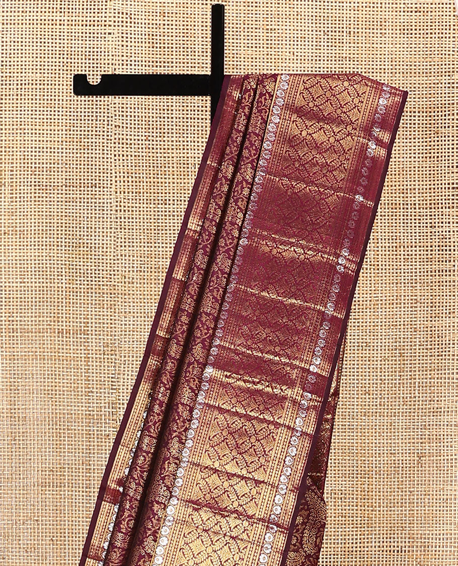 Maroon jacquard kanchipuram silk saree, zari border of thilakam mokku, kodi visiry, and jaal designs, and jaal pallu - Image 3
