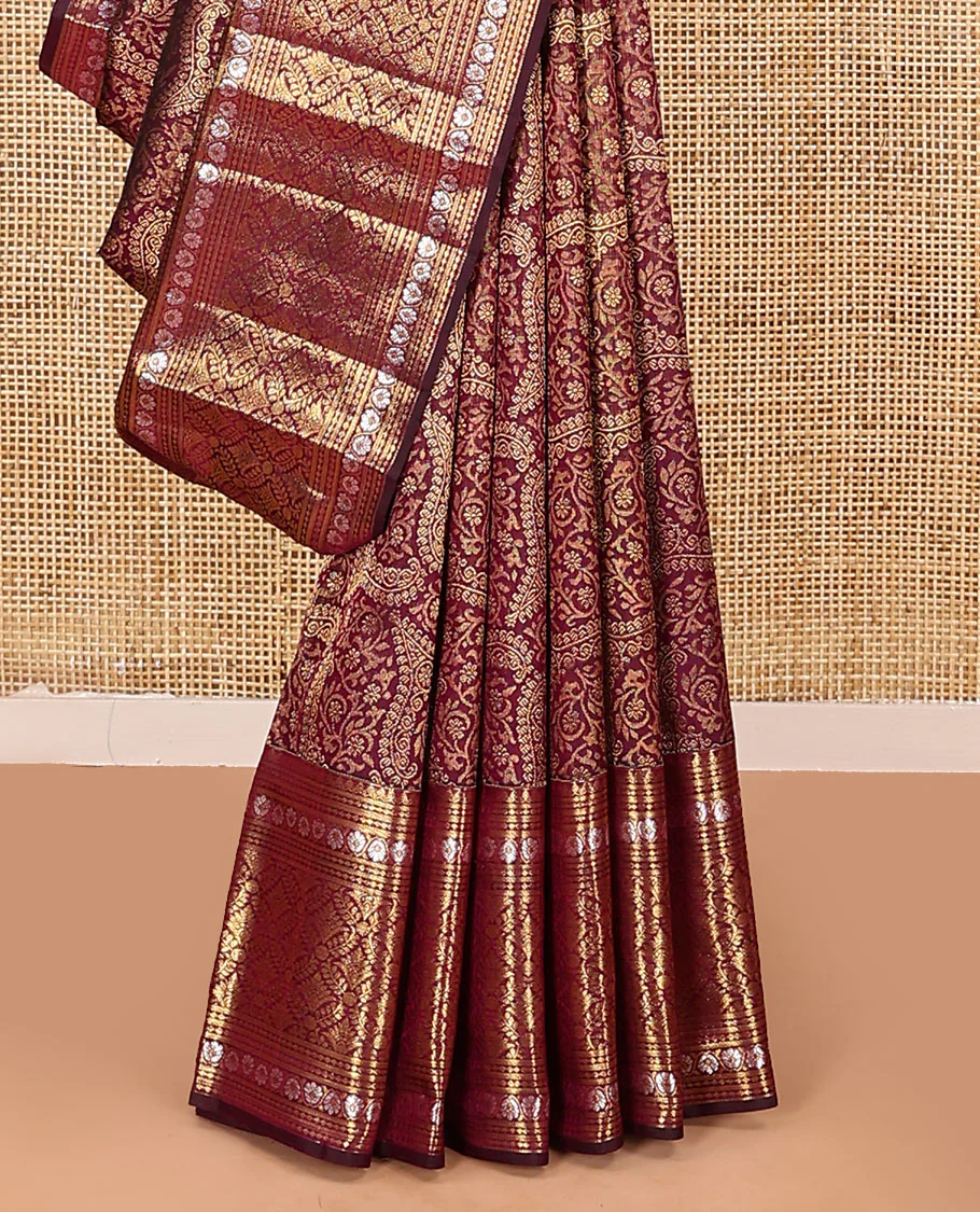 Maroon jacquard kanchipuram silk saree, zari border of thilakam mokku, kodi visiry, and jaal designs, and jaal pallu - Image 4