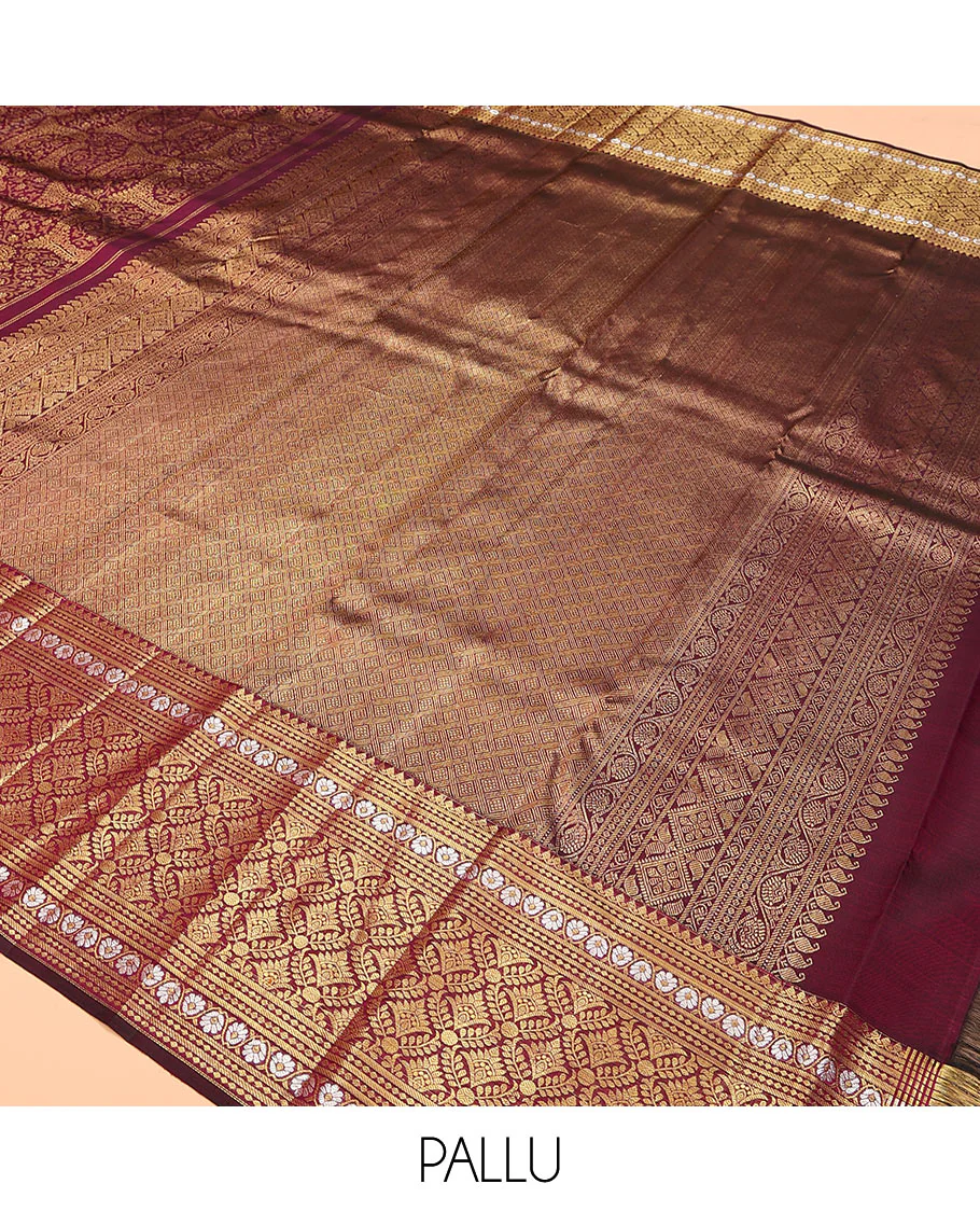 Maroon jacquard kanchipuram silk saree, zari border of thilakam mokku, kodi visiry, and jaal designs, and jaal pallu - Image 5