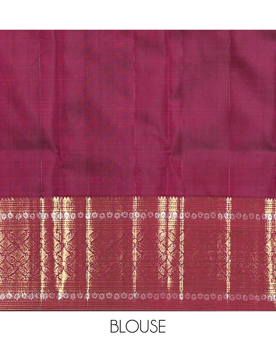 Maroon jacquard kanchipuram silk saree, zari border of thilakam mokku, kodi visiry, and jaal designs, and jaal pallu - Image 6