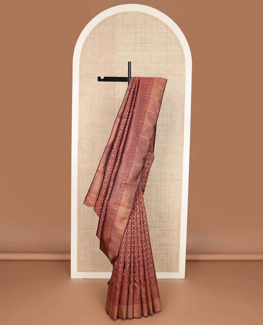 Maroon Jacquard Samudrika silk saree,zari border of reeku,paisa,banaras,kodi visiry,neli,manga,lavangam & mayil kann & intricate pallu