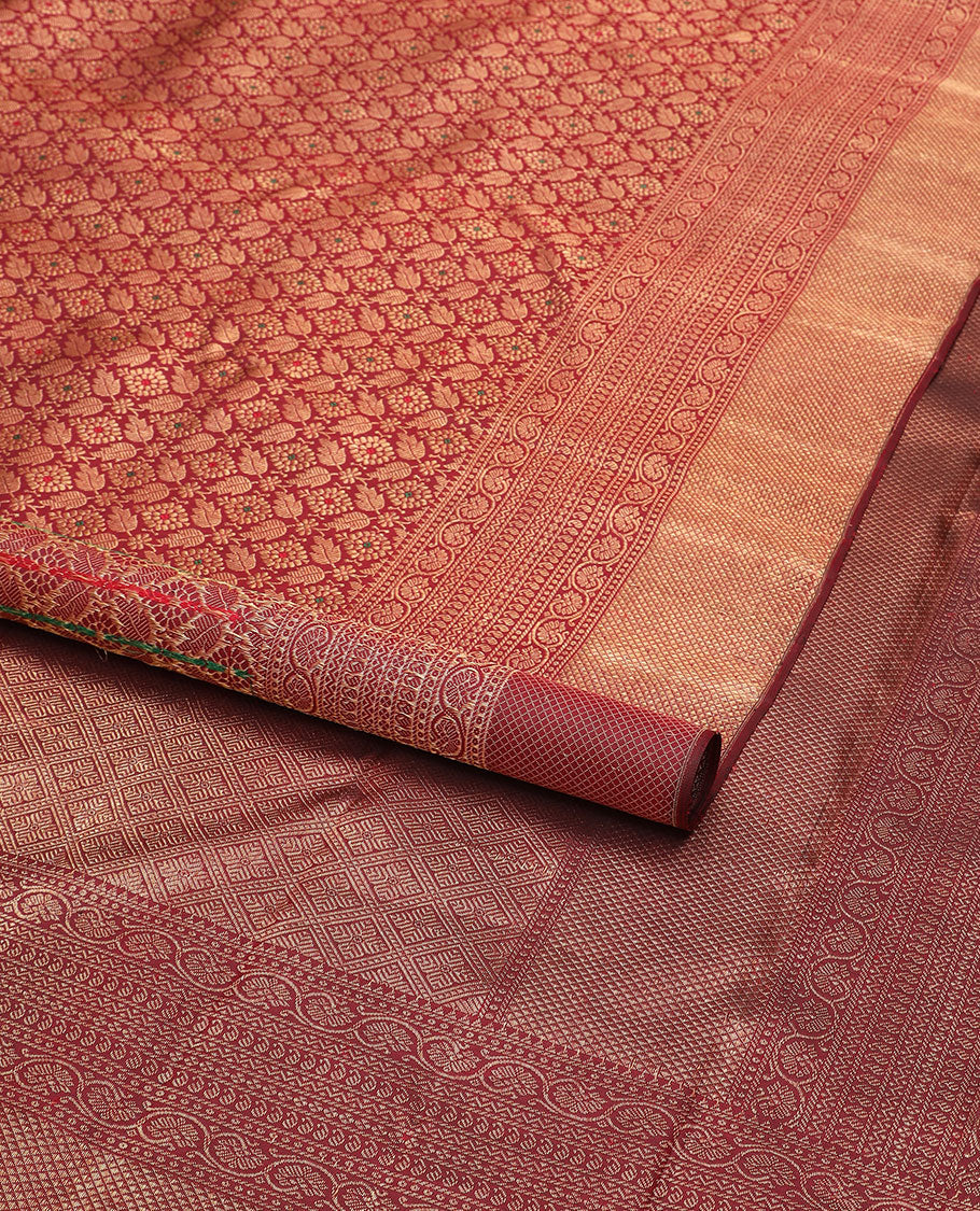 Maroon Jacquard Samudrika silk saree,zari border of reeku,paisa,banaras,kodi visiry,neli,manga,lavangam & mayil kann & intricate pallu - Image 2