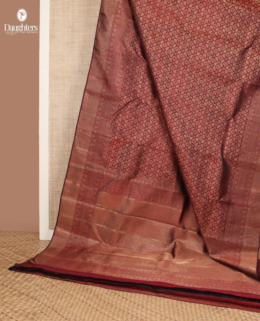 Maroon Jacquard Samudrika silk saree,zari border of reeku,paisa,banaras,kodi visiry,neli,manga,lavangam & mayil kann & intricate pallu - Image 3