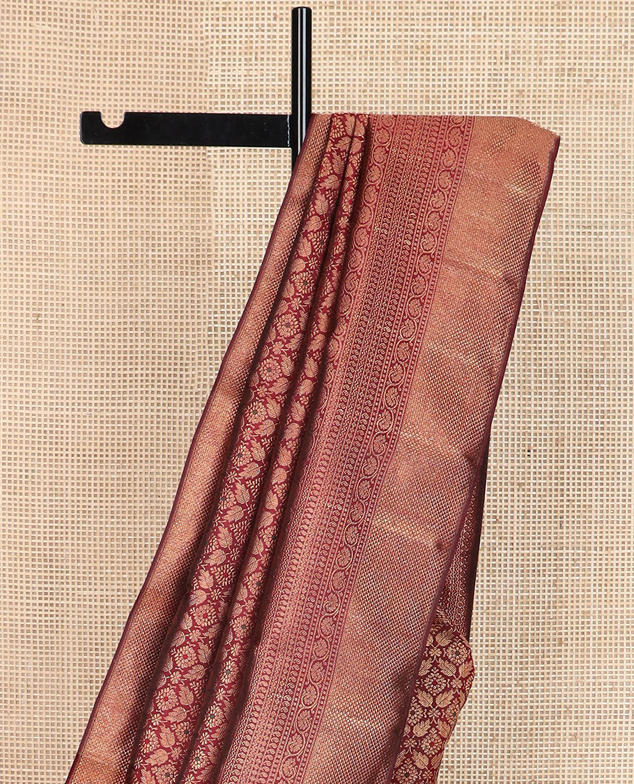 Maroon Jacquard Samudrika silk saree,zari border of reeku,paisa,banaras,kodi visiry,neli,manga,lavangam & mayil kann & intricate pallu - Image 4
