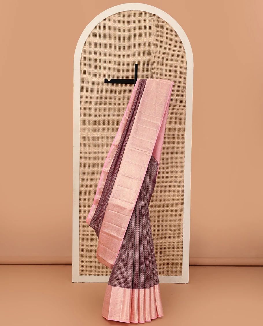 Maroon jacquard wedding silk saree, contrast traditional zari design border, and intricate pallu