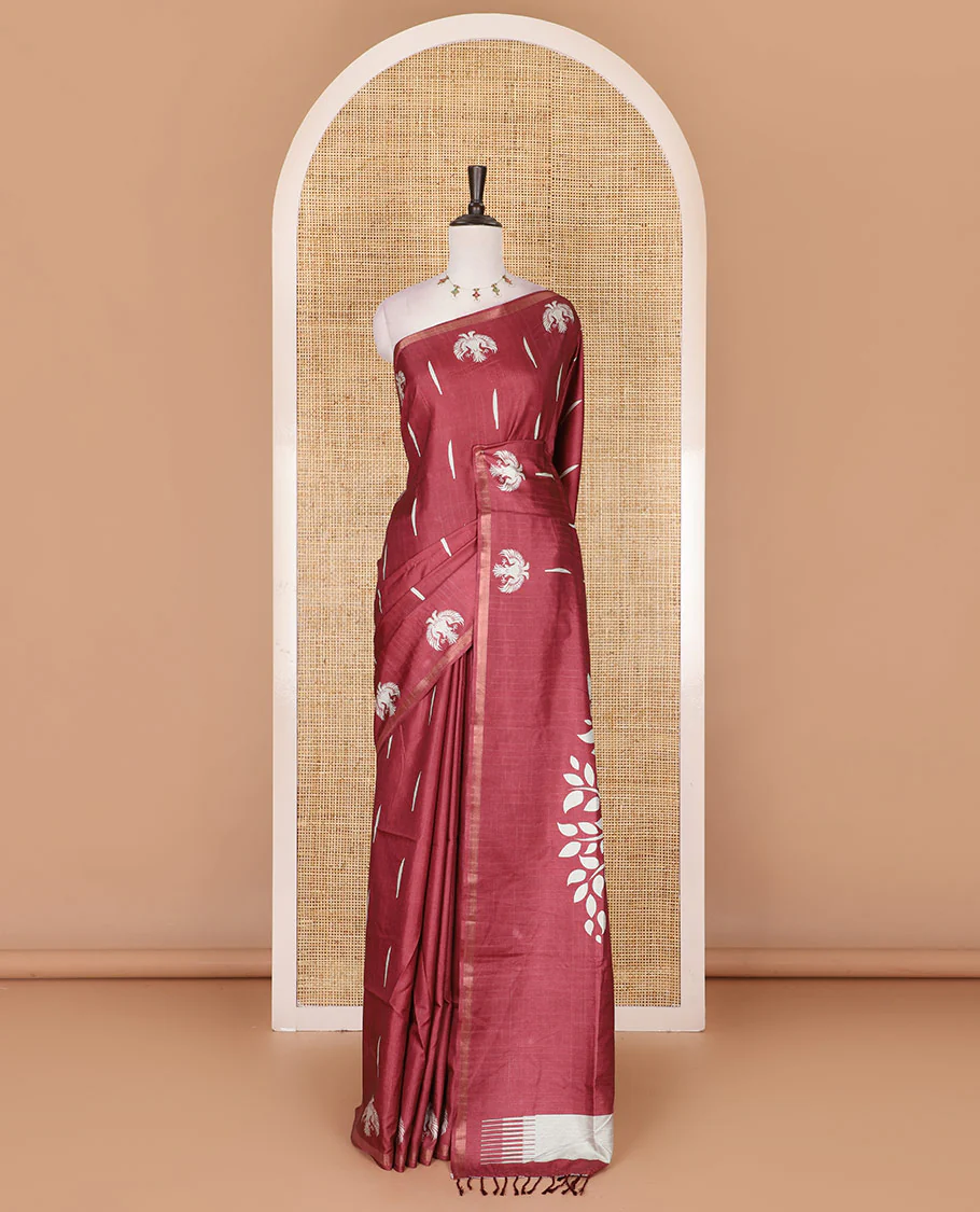 Maroon jasmine bud motifs printed kathan silk saree, double-headed eagle motif zari piping border, pichwai cow printed pallu, and floral printed blouse - Image 2