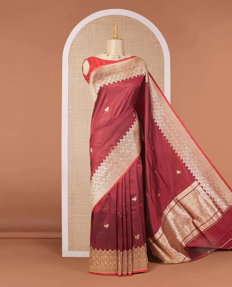 Maroon katan silk saree with patola-style zari buttas, zari border & pallu of patola-style animal motifs enclosed checks - Image 2