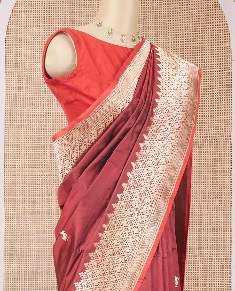 Maroon katan silk saree with patola-style zari buttas, zari border & pallu of patola-style animal motifs enclosed checks - Image 3
