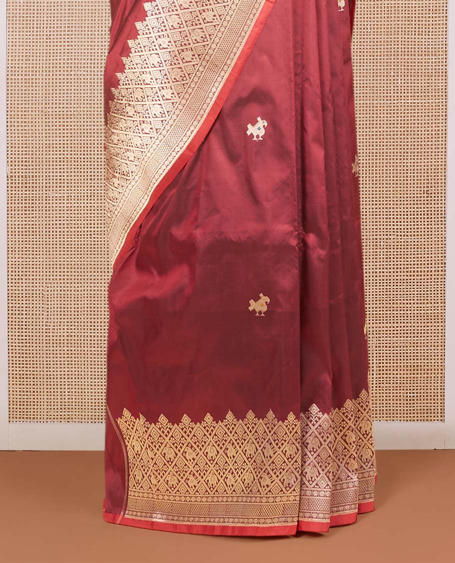 Maroon katan silk saree with patola-style zari buttas, zari border & pallu of patola-style animal motifs enclosed checks - Image 4