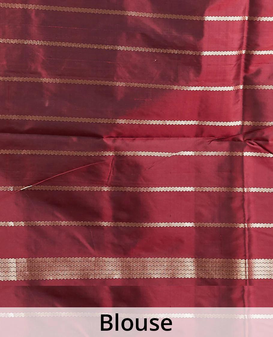 Maroon katan silk saree with patola-style zari buttas, zari border & pallu of patola-style animal motifs enclosed checks - Image 5