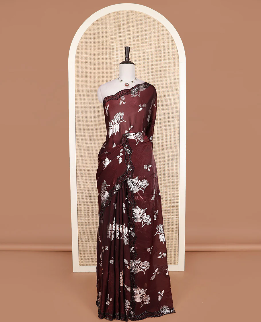 Maroon leaf motifs foil printed designer saree, scallop black micro-stone work border - Image 2