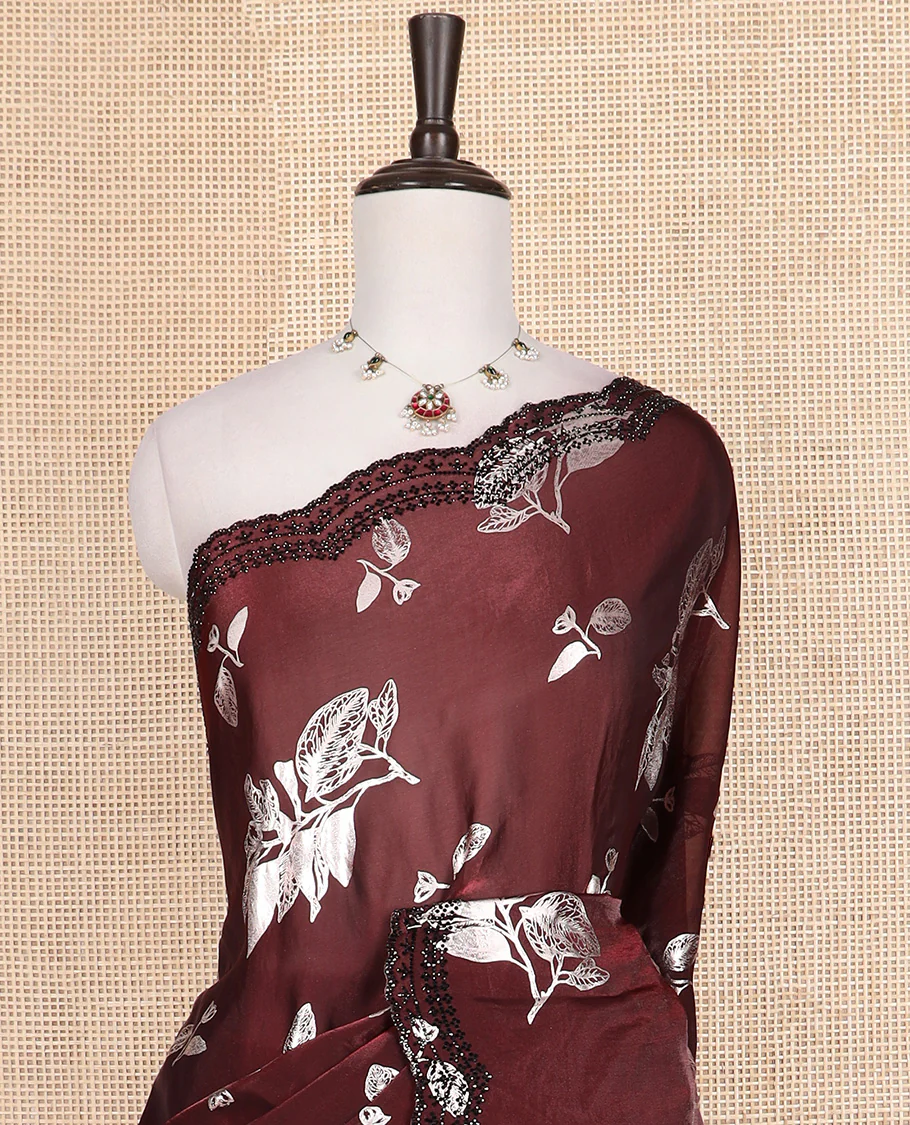 Maroon leaf motifs foil printed designer saree, scallop black micro-stone work border - Image 3