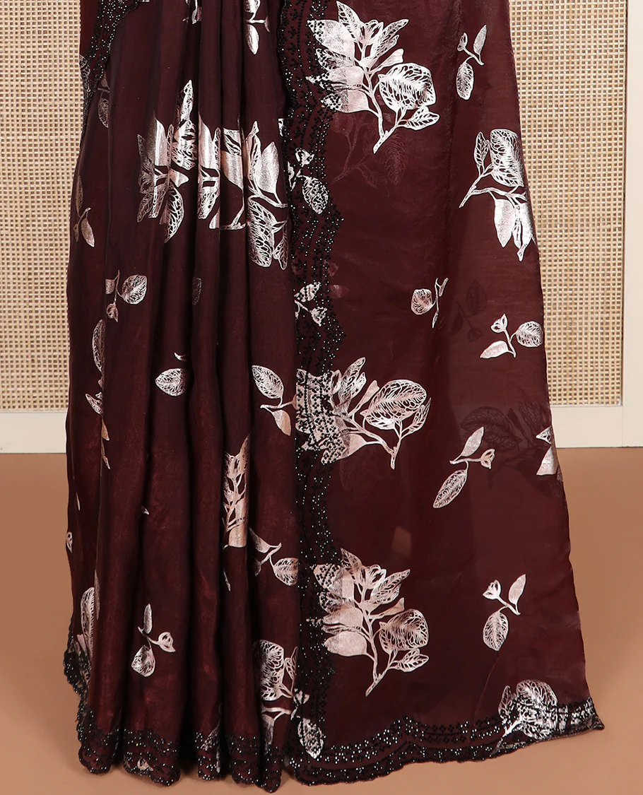 Maroon leaf motifs foil printed designer saree, scallop black micro-stone work border - Image 4