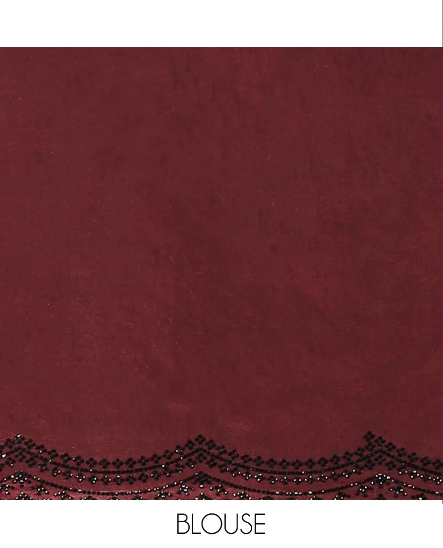 Maroon leaf motifs foil printed designer saree, scallop black micro-stone work border - Image 5