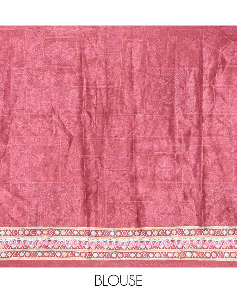 Maroon Masakali Saree Featuring Floral and Geometric Motifs Print and Mirror Work, Kaleidoscopic-Colored Printed Border, Pallu Decked Up with Colorful Intricate Patterns Print, and a Matching Printed Blouse - Image 3