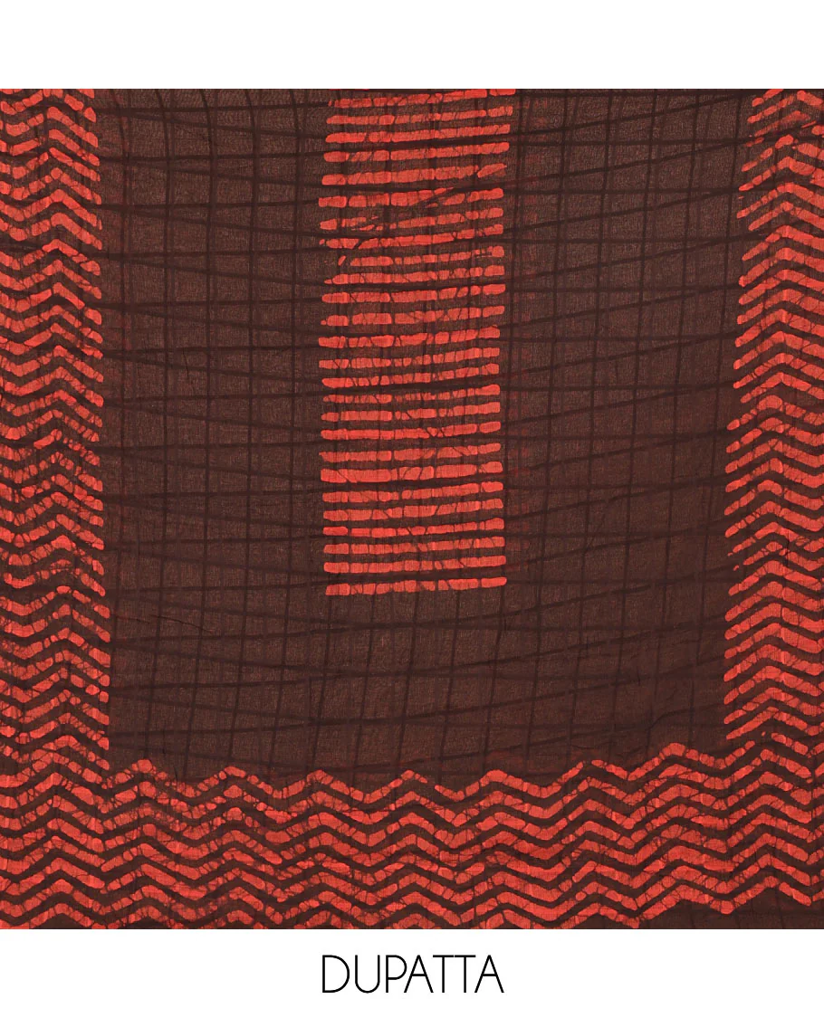 Maroon material chudidar set, batik print, mirror work and kantha work cotton top, cotton bottom, and batik printed dupatta - Image 2