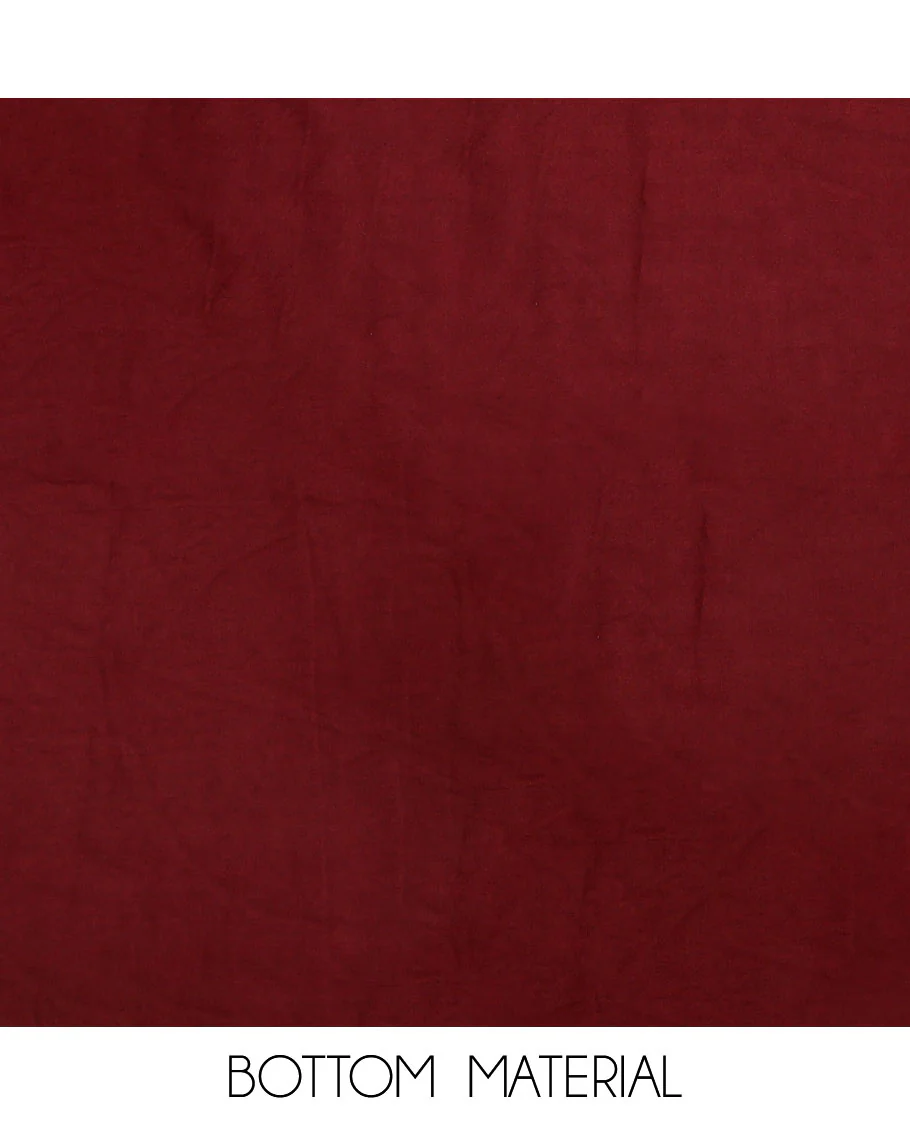 Maroon material chudidar set, floral print with neck embroidered top, plain bottom, and a contrast floral printed dupatta - Image 3