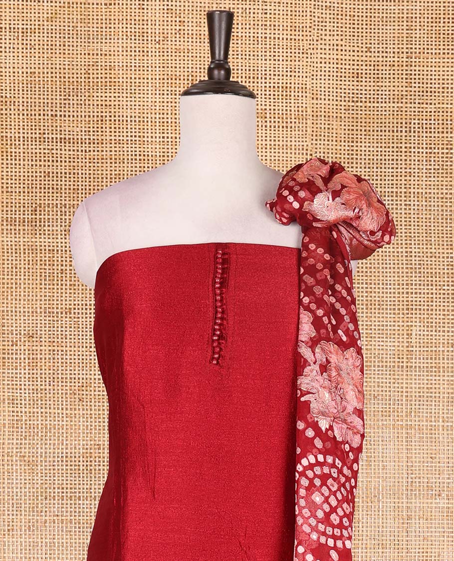 Maroon material chudidar set, plain with fancy thermacol balls neck work Vichitra top, cotton bottom, and floral with bandhani printed dupatta - Image 2