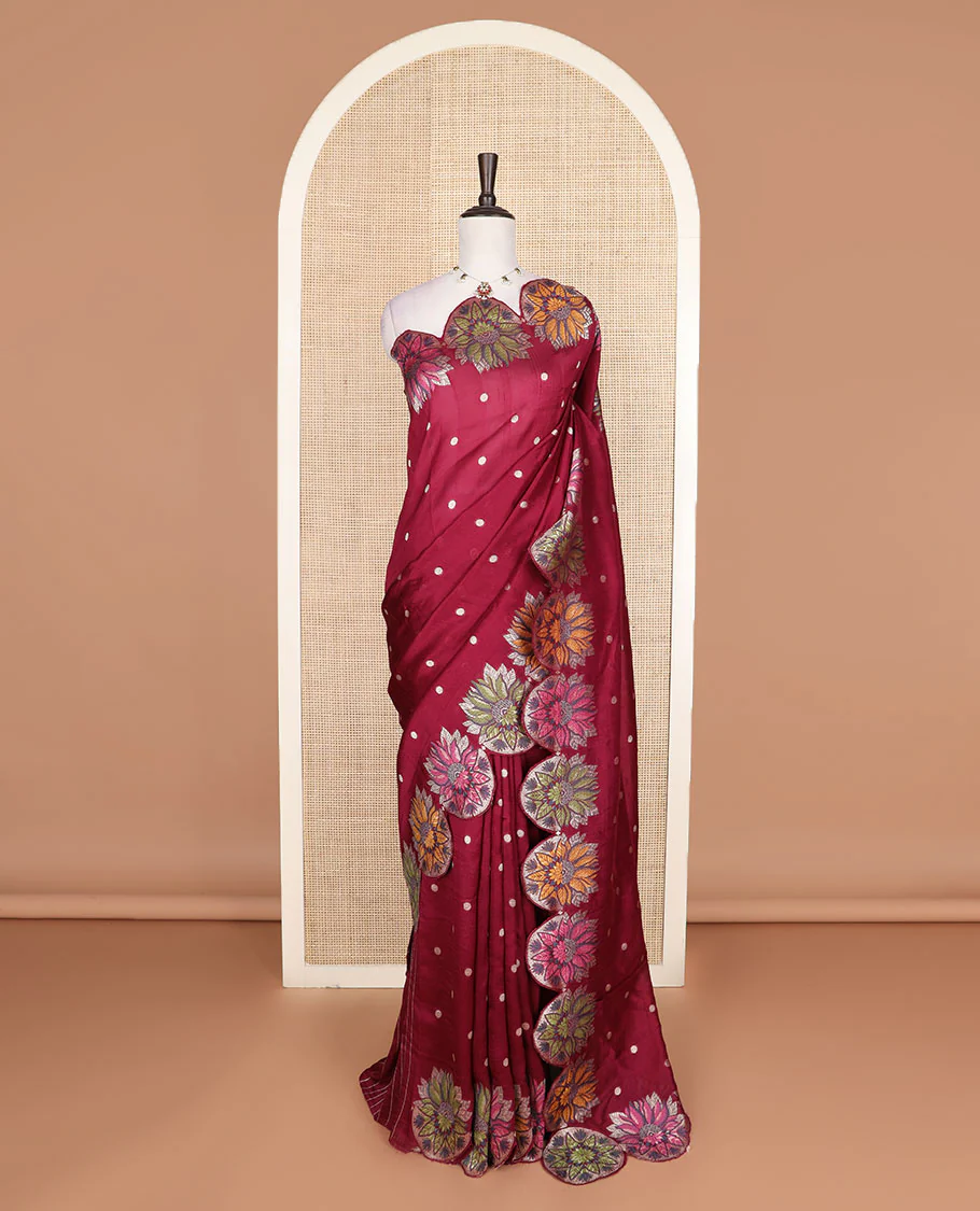 Maroon Matka silk saree features rudraksham motifs, scallop floral motifs and bird embossed thread embroidery border - Image 2
