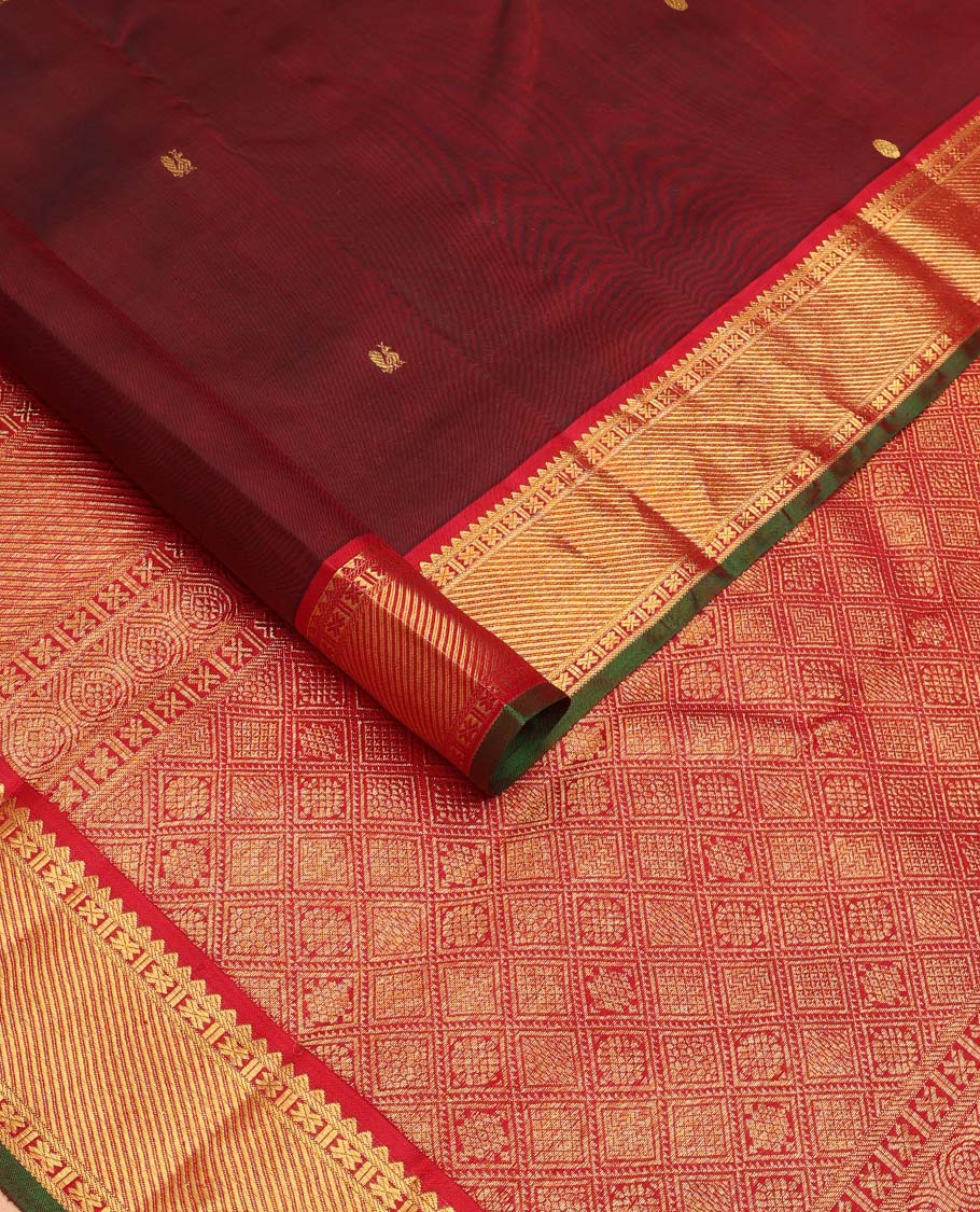 Maroon mayil poun buttas Kanchipuram silk saree, contrast border of rekku, banaras, cross kamalam, and zari stripes, and zari rich jaal pallu - Image 2