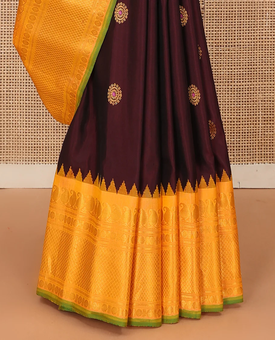 Maroon meena chakram buttas gadwal silk saree, contrast thazampoo rekku border of manga mokku, kathir, laddu kamalam, and mayil kann designs - Image 7