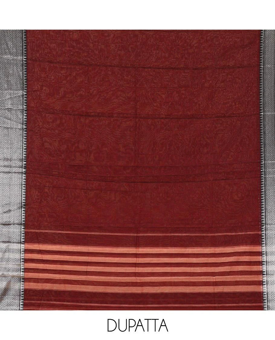 Maroon mercerized cotton material chudidar set,vertical striped contrast border top, matching threadwork bottom & traditional border matching dupatta - Image 2