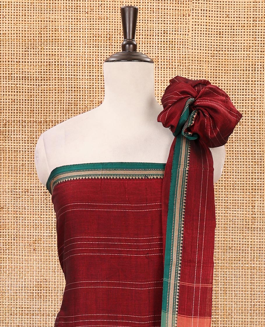 Maroon mercerized cotton material chudidar set,vertical striped contrast border top, matching threadwork bottom & traditional border matching dupatta - Image 3
