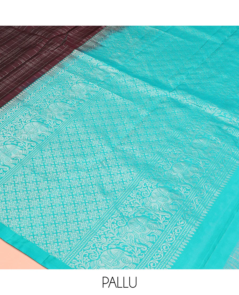 Maroon muthu kattam Kanchipuram silk saree, yaanai motifs zari border, and contrast pallu of yaanai, and chakram buttas - Image 5