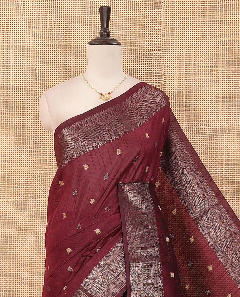 Maroon paisley buttas dupion saree, traditional zari border, and contrast striped pallu - Image 2
