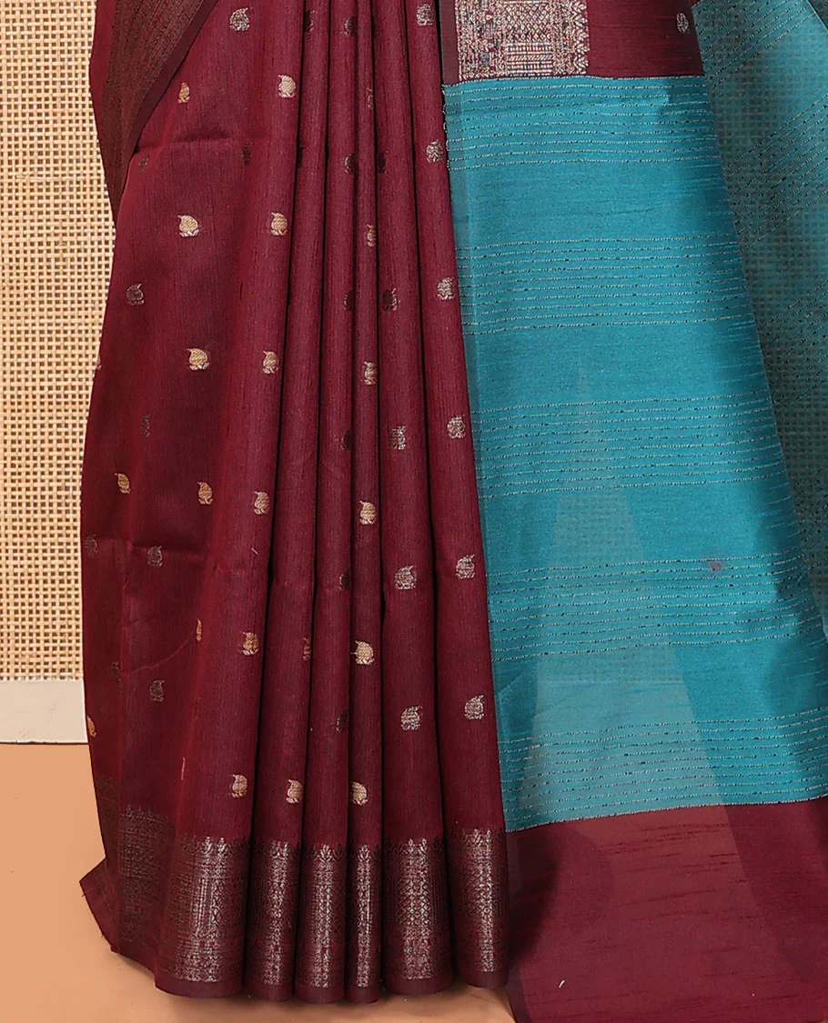 Maroon paisley buttas dupion saree, traditional zari border, and contrast striped pallu - Image 3