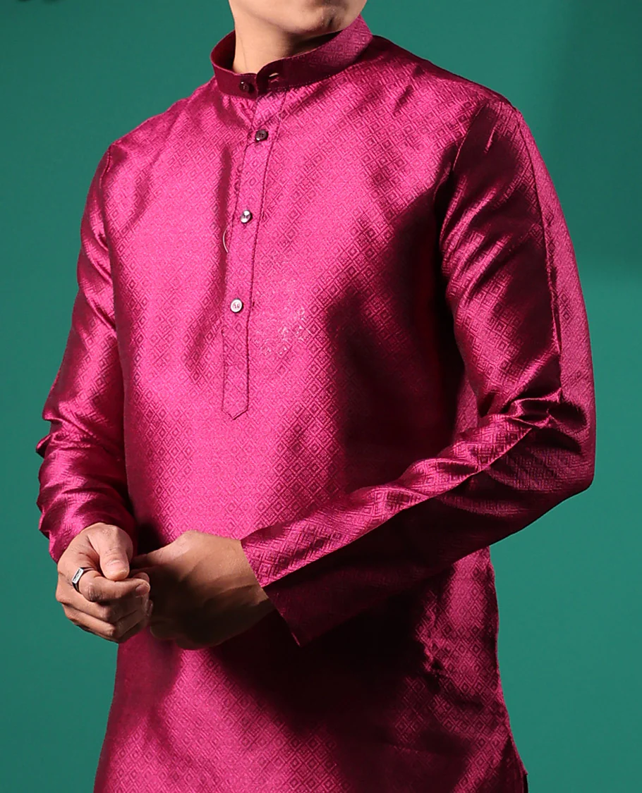 Maroon peacock eye style diamond pattern embossed full-sleeved men's kurta - Image 4