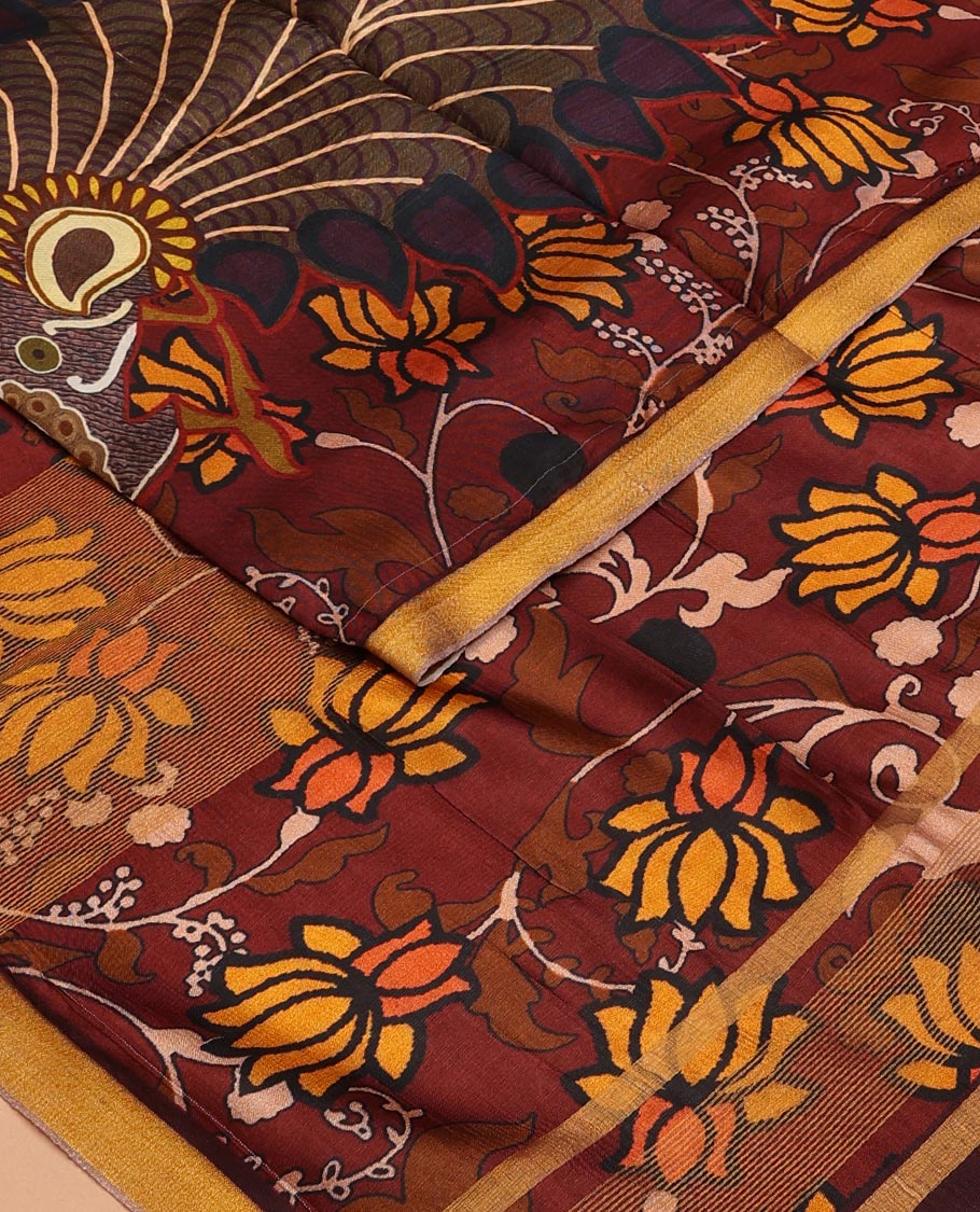Maroon Pichwai lotus vine digital printed banana pith saree, contrast plain piping border, and lotus vine printed pallu - Image 4