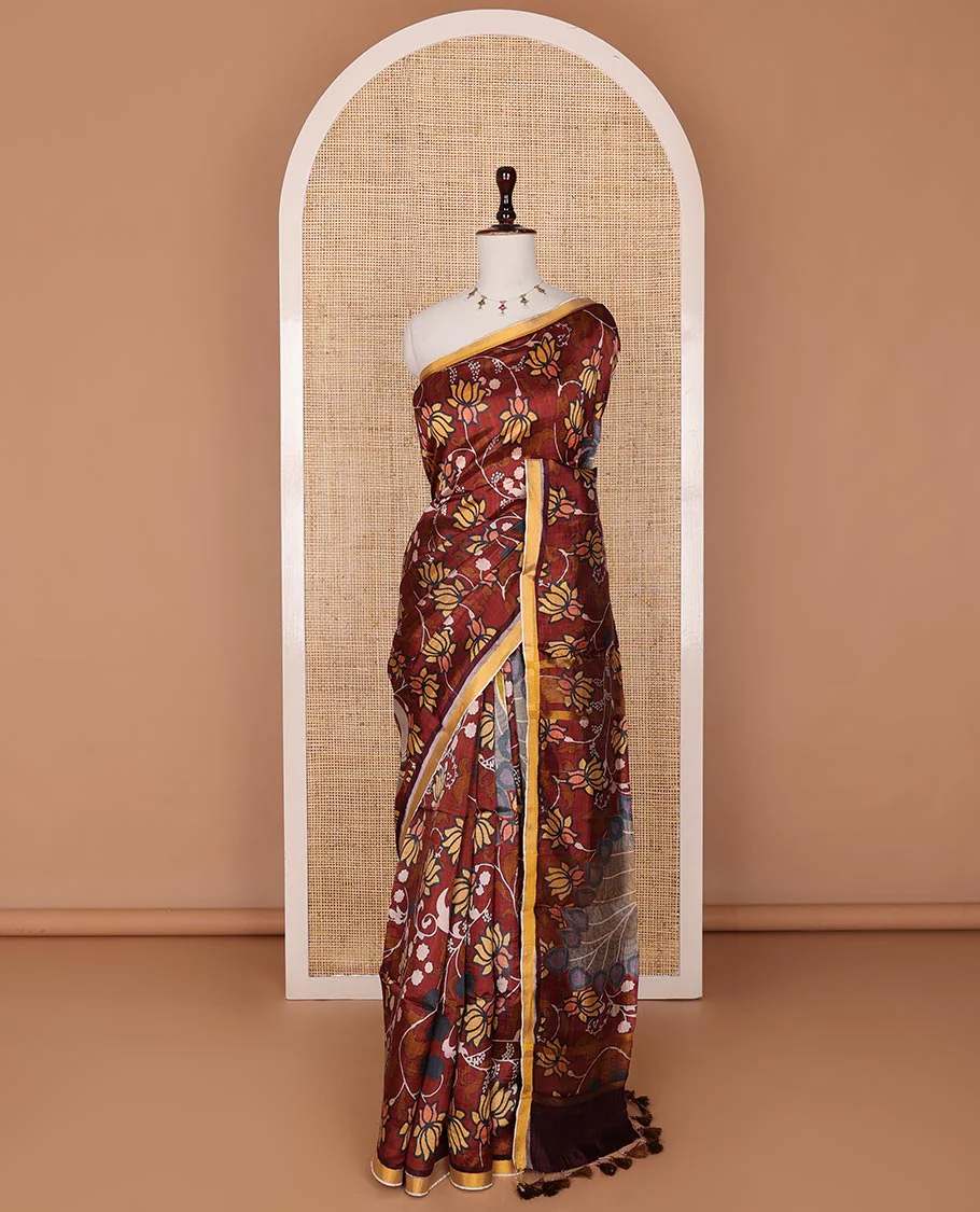 Maroon Pichwai lotus vine digital printed banana pith saree, contrast plain piping border, and lotus vine printed pallu - Image 5