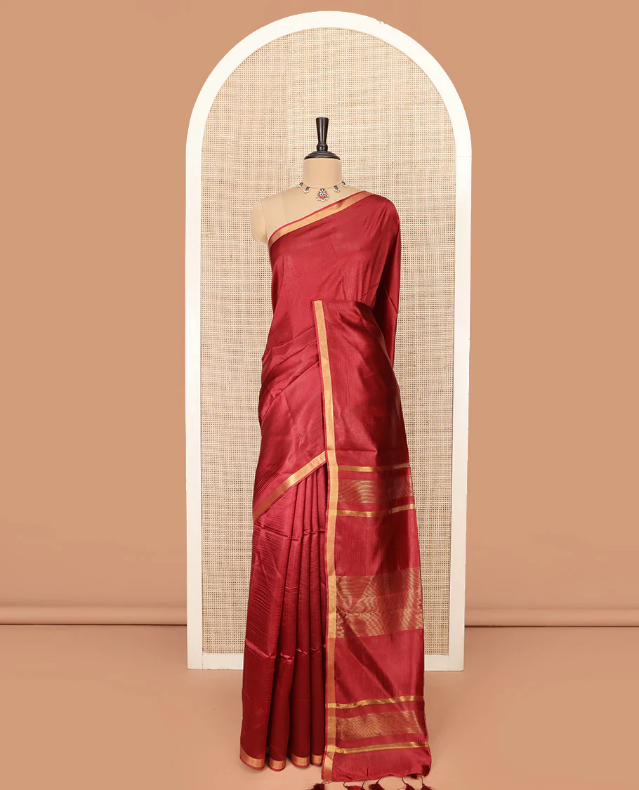 Maroon Plain Banana Pith Saree Subtly Sparkled with Zari Bavanji Border, Gleaming Zari Stripes Woven Pallu, and Paired with a Matching Plain Blouse - Image 3
