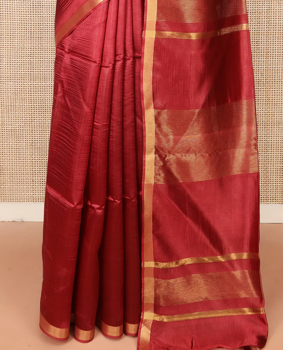 Maroon Plain Banana Pith Saree Subtly Sparkled with Zari Bavanji Border, Gleaming Zari Stripes Woven Pallu, and Paired with a Matching Plain Blouse - Image 4