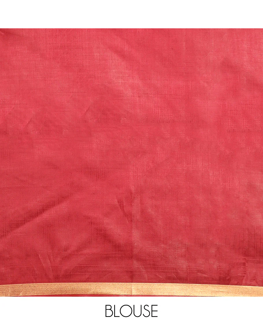 Maroon Plain Banana Pith Saree Subtly Sparkled with Zari Bavanji Border, Gleaming Zari Stripes Woven Pallu, and Paired with a Matching Plain Blouse - Image 5