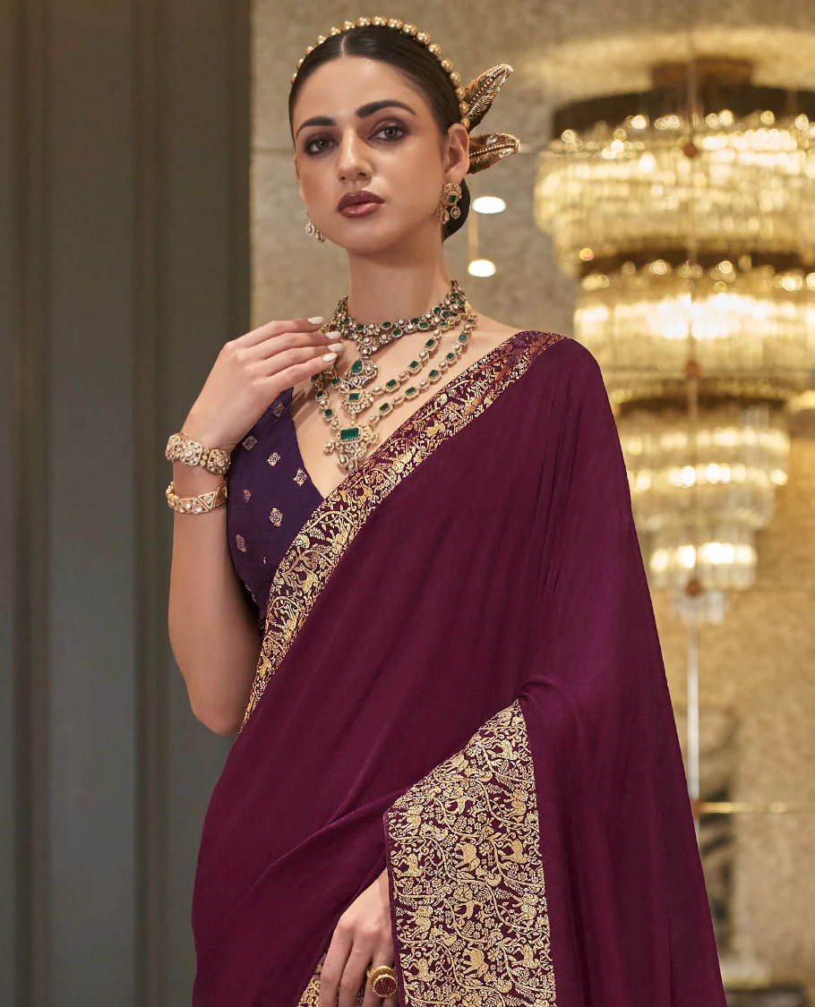 Maroon plain designer saree, self-border, and animal motifs woven pallu - Image 2
