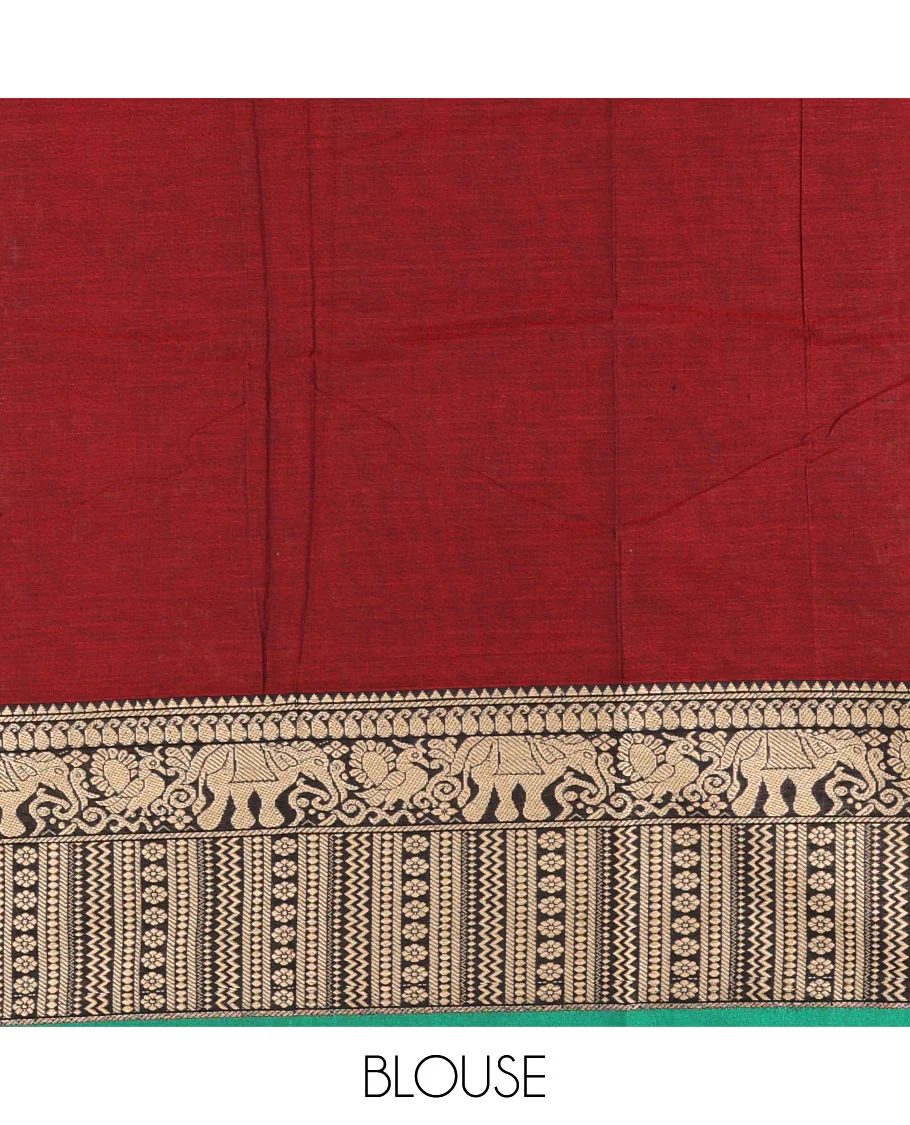 Maroon plain mercerised cotton saree, contrast traditional motifs thread woven border, striped pallu, and a matching blouse - Image 4