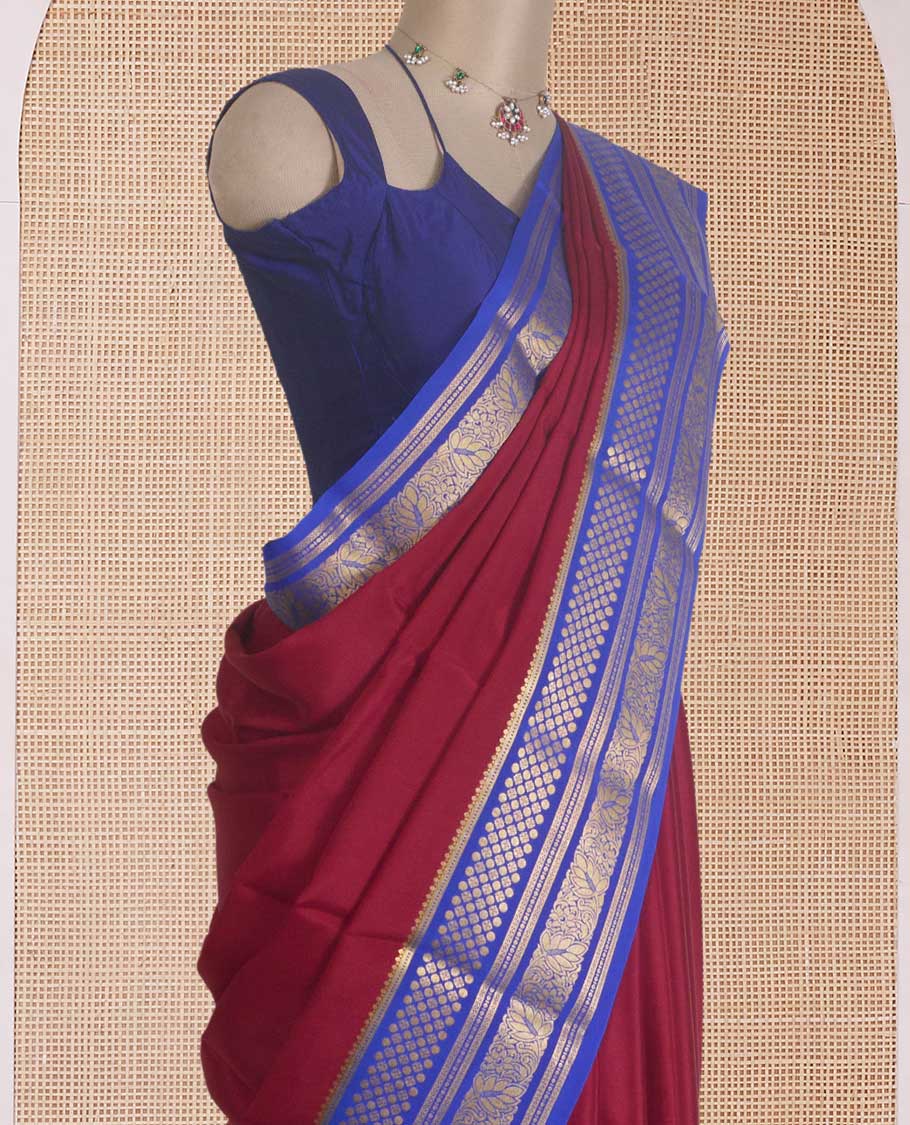 Maroon plain Mysore silk saree, contrast traditional zari designs steeped border, and zari striped pallu - Image 3