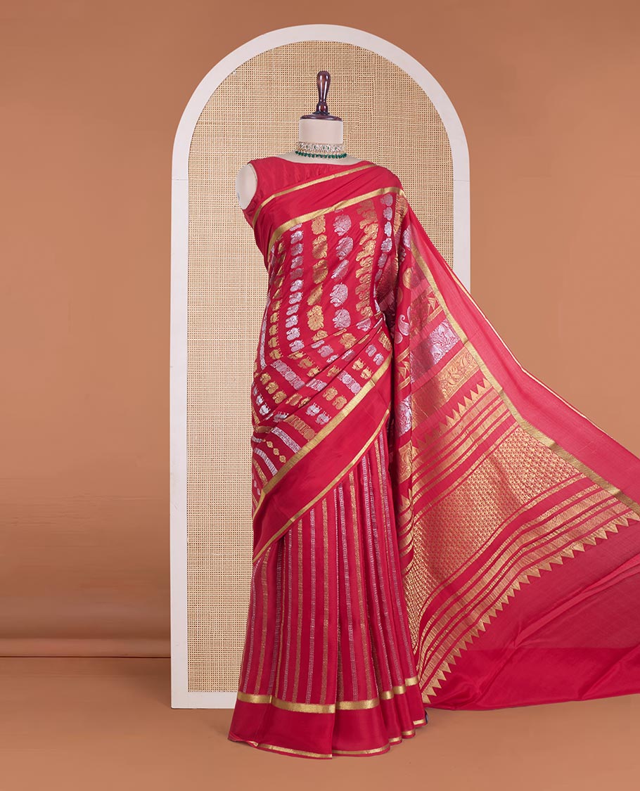 Red animal zari motifs Mysore silk saree, rettai pettu zari border, and pallu steeped with traditional designs - Image 2